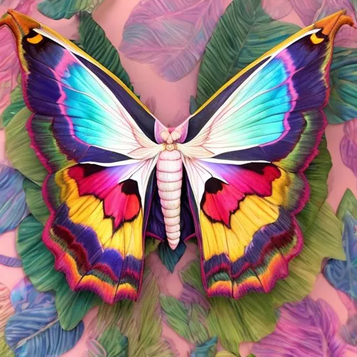 Prompt: Pastel atlas moth diorama in the style of Lisa frank