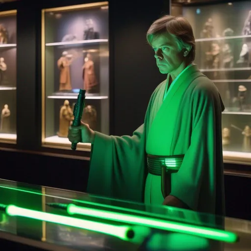 Prompt: ghibli movie character based off Mark Hamill looking at a green lightsaber on a detailed display case in a museum, consistent lighting and mood throughout, 8k,