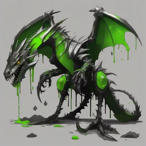 Prompt: Armorwing, wyvern, slime-green and dripping with slime, long sharp grey claws, tail covered in metal trash and metal trash armor,  in Creepypasta style, best quality, masterpiece