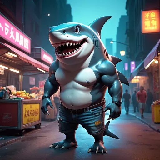 Prompt: anthropomorphic shark wearing cyberpunk street vendor, realistic, muscular, human proportions, full body ,  on the streets of Night City, huge grin, lots of scars, cyberpunk,  high definition, professional Pixar, Disney, concept art, 3d digital art, Maya 3D, ZBrushCentral 3D shading, bright colored background, radial gradient background, cinematic, Reimagined by industrial light and magic, 4k resolution post processing 