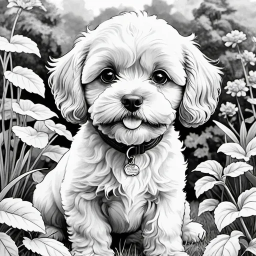 Prompt: Create a series of black and white coloring pages featuring an adorable Cavapoo in various cute and playful activities. The Cavapoo should have a charming and lovable appearance, with big expressive eyes and fluffy fur. Include scenes such as the Cavapoo frolicking in a garden, napping by a cozy fireplace, playing with toys, and enjoying a sunny day at the park. Each page should have bold lines and large areas to color, making them suitable for all ages. Ensure the designs are simple yet engaging, capturing the heartwarming and delightful nature of the Cavapoo.