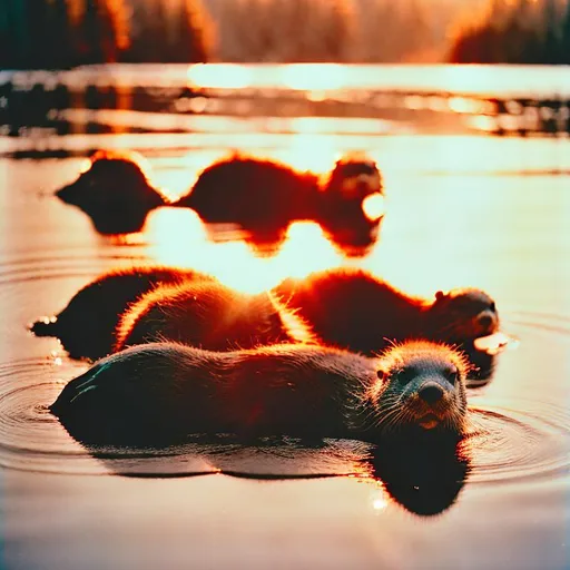 Prompt: highly detailed photograph of otters in a line sitting by a river, woodland background, sunset, 8k, cute smiles