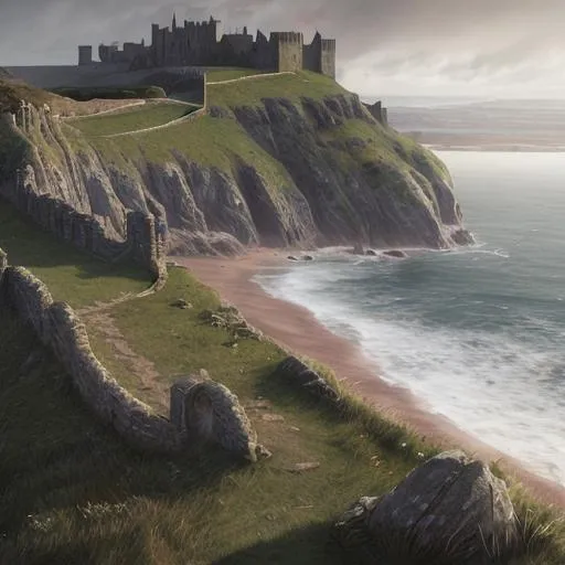 Prompt: 2 medieval warriors ::0.4 travelling on a cliff to a background castle , view of a coast line landscape , English coastline, Irish coastline, scottish coastline, perspective, folklore, King Arthur, Lord of the Rings, Game of Thrones. Photographic, Photography, photorealistic, concept art, Artstation trending , cinematic lighting, cinematic composition, rule of thirds , ultra-detailed, dusk sky , low contrast, natural lighting, fog, realistic, light fogged, detailed, atmosphere hyperrealistic , volumetric light, ultra photoreal, | 35mm| , Matte painting, movie concept art, hyper-detailed, insanely detailed, corona render, octane render, 8k, --ar 3:1 --no blur