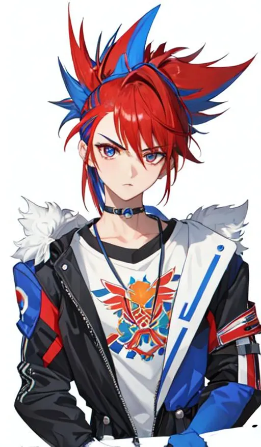 Prompt: Aster, 1 male. intimidating, blue and red mohawk