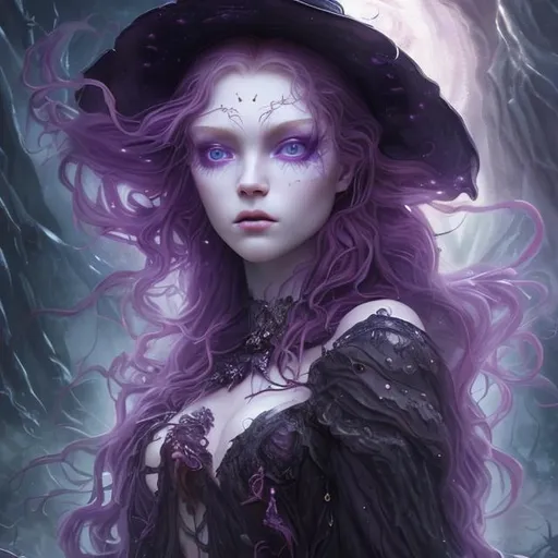 Prompt: Detailed and mystical portrait of a young beautiful witch with ivory clear skin, long red hair and deep purple eyes. Perfect female body, night light, dramatic, plastic pose, frontal, magical, fantasy, 8k, high detailed, dramatic light