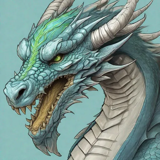 Prompt: Concept design of a dragon. Dragon head portrait. Coloring in the dragon is predominantly pale blue with subtle green streaks and details present.