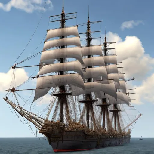 Prompt: hyper-realistic 4-masted battleship from the 18th century side view, numerous guns, volleys, smoke cloud, beautiful sails raised, 8K