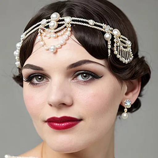 Prompt: 1920s Flapper with pearl headpiece 
