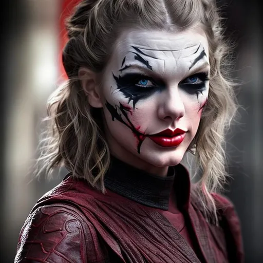 Prompt: taylor swift, beautiful, detailed face, sith armor, joker makeup, darth maul face tattoo, skinny, anorexic, model pose