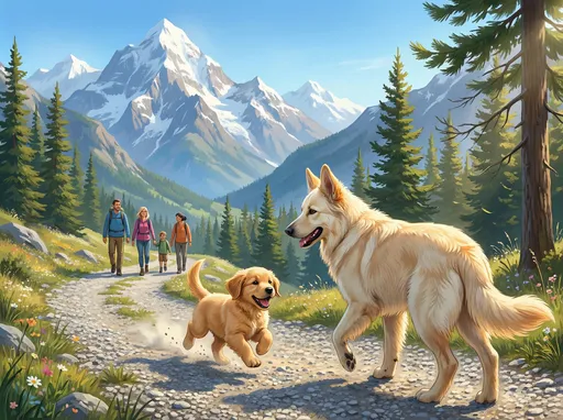Prompt: One bright morning, @WleuZKdIKQxaJj8qXKM0 and @l8uXDmNmOJ0Tw8b35Nxh went with their family to the mountains. Tall peaks touched the sky, and cool wind whispered through the pine trees.
Remi bounced ahead.Crunch! went the gravel.Whoosh! went the wind.
“Wait for me!” Maverick barked kindly, padding after her little sister.
