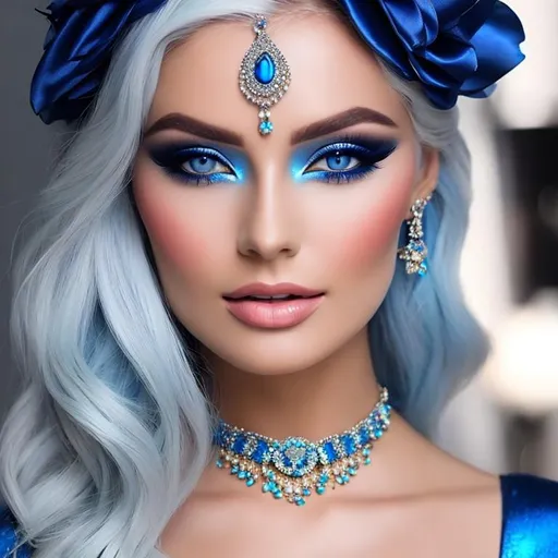 Prompt: A beautiful woman, white hair, blue eyes, blue eyeshadow, blue jewels on forehead