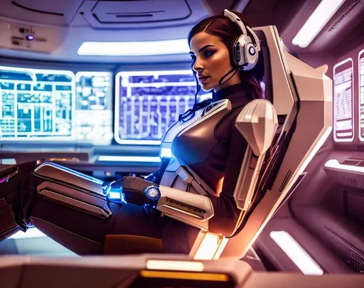 Prompt: a spaceship cyborg pilot, laying down in a chair, in a cyberpunk setting, cyborg, implants, high details, realistic , professionally colour graded, photorealism, 8k, grim dark lighting, art by the Caravage