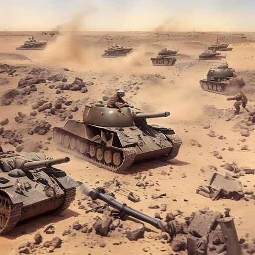 Prompt: Battle of El Alamein 1942 Tank Charge Amidst Artillery Barrage and Trenches