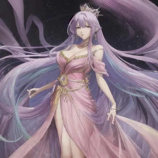 Prompt: butiful queen, very long purple and blue hair, pink and darkblue long dress, green and white aura