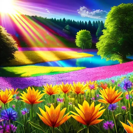 Prompt: Sun rays shining down over a field of multicolored flowers around a Lake, Vivid Colors, hyperdetailed, photorealistic, Beautiful Details, intricate Details, Colorful, Film Quality, 3D, 64K resolution, Dynamic Lighting, Sun Spot, Detailed Flower Peddles.