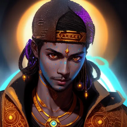 Prompt: cyberpunk prince with a crown, brown skin, symmetrical face, holi festival colors, large chest, attractive, Ink painting, bold brushstrokes, snub nose, full lips, elegant. 8k. art by artgerm and greg rutkowski and alphonse mucha. global illumination. rain, portrait, Profile, style by Yoji Shinkawa, Orphism, pattern, psychedelic, Concept art, dramatic lighting, Azure Turquoise yellow black and white, intricate detail, Mandy Jurgens, 8k stylize 