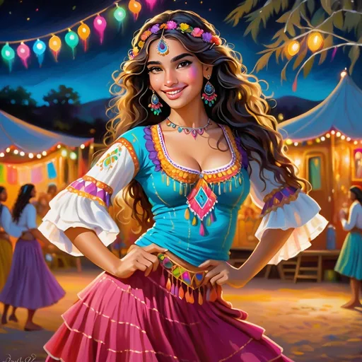 Prompt: Young teen gypsy dancer at night, colorful, gypsy wagons, a gathering around a bonfire, dancing, oil painting, vibrant colors, detailed facial features, warm and inviting lighting, lively atmosphere, high quality, oil painting, colorful, gypsy vibe, detailed facial features, vibrant, warm lighting