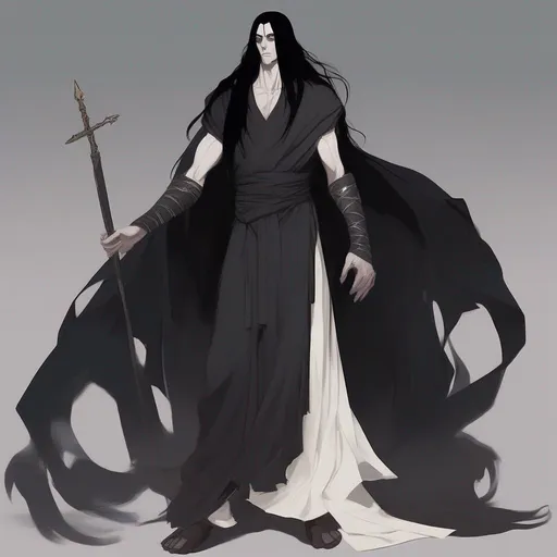 Prompt: dnd a thin and tall human man with long straight black hair and pale skin wearing a black toga god of death