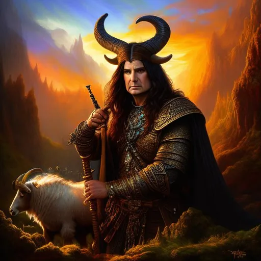 Prompt: Full body splash art, fantasy art, digital painting, D&D, sharp focus, hyper-realistic. Ozzy Osbourne as a Celtic warrior, with goat horns, smoking a pipe, sunglasses, feathers in long black hair. luminous forest, sunset. by Rembrandt, by Clyde Caldwell.