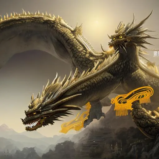 Prompt: emperor's white dragon with glowing yellow eyes, floating sky palace background, old chinese style, hyper realistic, white mix with golden, full body