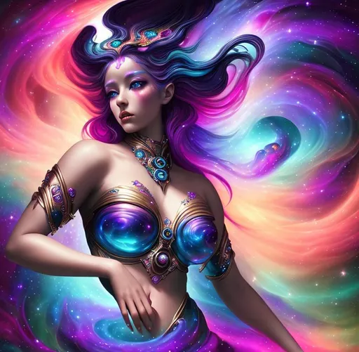 Prompt: Cosmic Epic Beautiful Nebula (Beautiful melancholy {goddess}female liquid satin}), hyper realistic,  expansive psychedelic background, hyper realistic, 8K --s99500