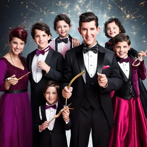 Prompt: Family of four magicians all warring tuxedos with bow ties casting magic spells with their magic wands