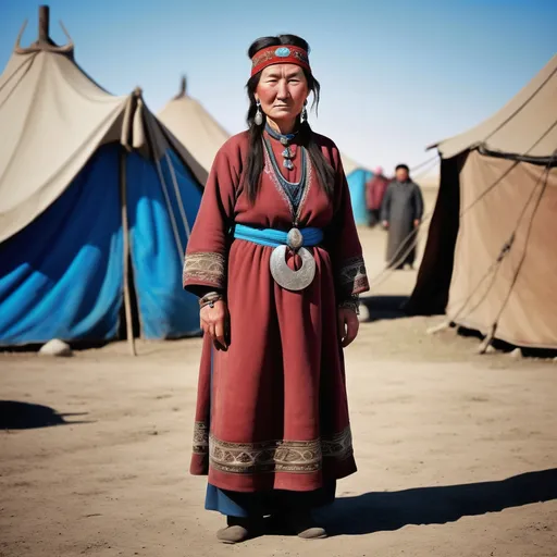 Prompt: A full length image of a  60 year old Tatar Mongolian woman  in 950AD is standing in the centre of a Tatar encampment in Mongolia. She has hair done in the Tatar style of the period. She is wearing Tatar clothing of the period. She is wearing Tatar face and body jewellery and make-up.