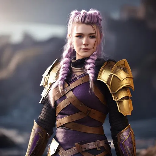 Prompt: Digital art, 20-year-old woman viking, dark purple hair, a single braid draping down the side of her right shoulder, black gear, gold armor, unreal engine 8k octane, 3d lighting, full body, full armor