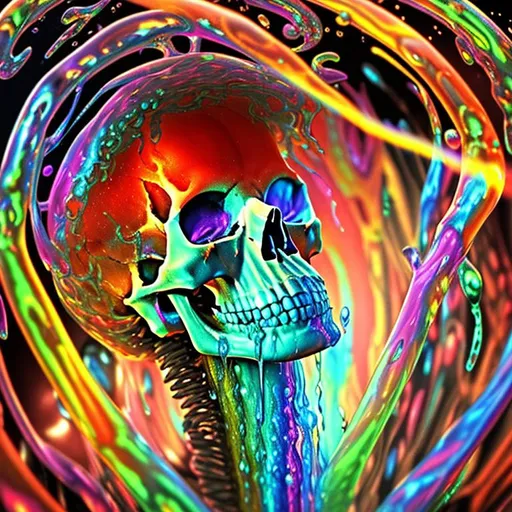 Prompt: Bizarre, psychedelic, off-beat, 3D HD dramatic cinematic lighting [({one}{Skull}Male)  liquid rainbow], expansive magical liquid  freeform dark chaos psychedelic background, hyper realistic, 8K --s98500
