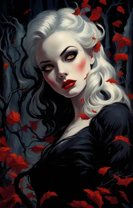 Prompt: detailed illustration by Gil Elvgren of beautiful vampire woman. Ruby Lips. Eyes. Youthful. Pale skin. Long black flowing hair. Arboreal setting. 