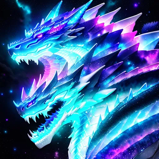 Prompt: Watercolor portrait of a roaring neon ice dragon with iridescent black markings roaring with and galaxy in background, perfect composition, hyper realistic, super detailed, 8k, high quality, trending art, trending on art station, sharp focus, studio photo, intricate details, highly detailed, by greg rutkowski, illustration, watercolor