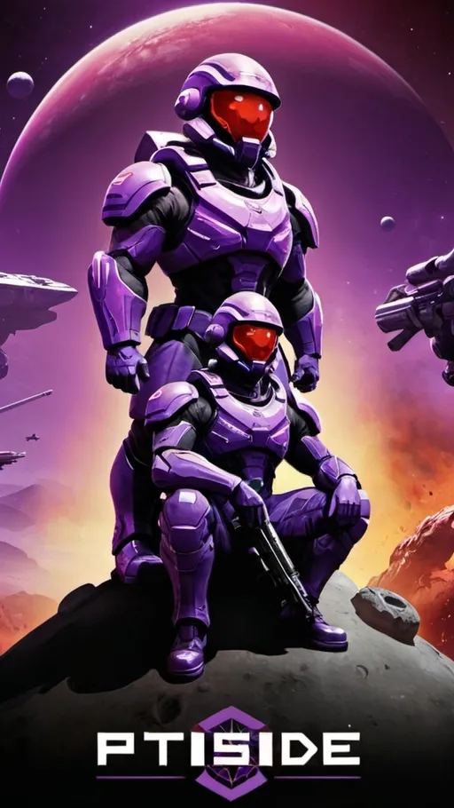 Prompt: propaganda poster of red soldier sitting on head of purple soldier  in planetside2 style