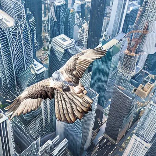 Prompt: a landscape filled with new built skyscrapers made of steel and crystal, an eagle flying through the sky