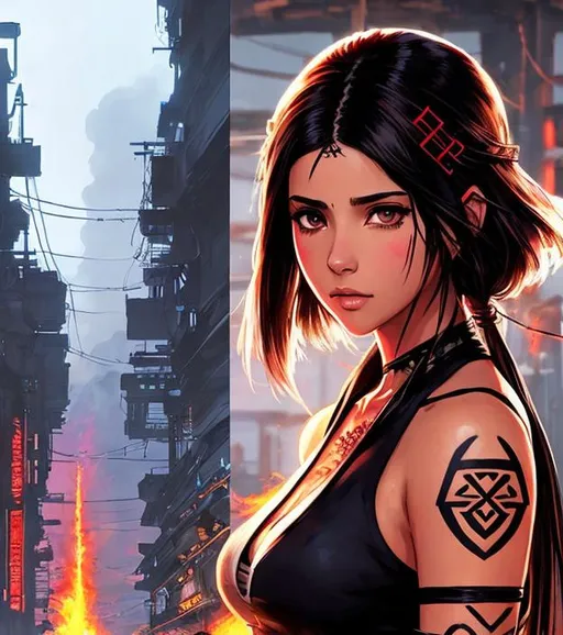 Prompt: Manga cover art. Naomi Scott with brown hair, wearing tribal cueitl from FFXIV, intricate cyberpunk tribal village, realistic face, emotional lighting, cover logo "Azmaat" , character illustration by Ilya Kuvshinov, chainsaw man, fire punch 