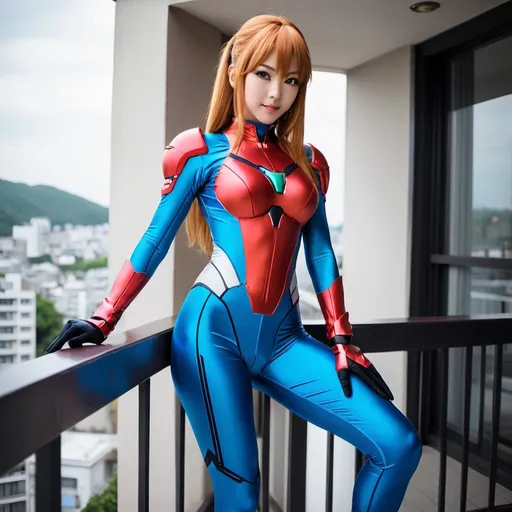 Prompt: woman in a blue and red costume posing on a balcony, fullbodysuit, high level body suit, tight full body suit, zero suit samus, zentai suit, misato katsuragi, anime girl cosplay, wearing tight suit, in spandex suit, japanese cyborg, rinko kawaichi, laserpunk fullbodysuit