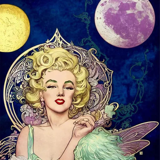 Prompt: Art nouveau poster by mucha and Artgerm portrait of Marilyn Monroe as a winged fairy, fluffy moon, gold filigree, swirling lines of pastel colors, award-winning cgi, blender 