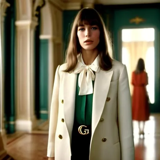 Prompt: Highest quality picture of a young Jane Birkin in a Wes Anderson Movie wearing Gucci