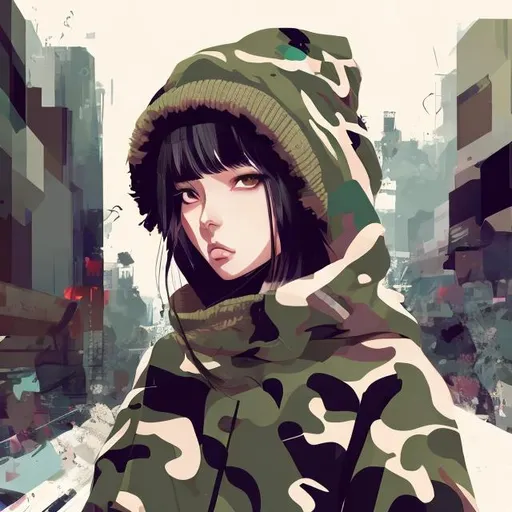 Prompt: illustration of an anime woman wearing an oversized camouflage coat, large knit cap, messy art style, exaggerated human features, cute pose, abstract background of urban street
