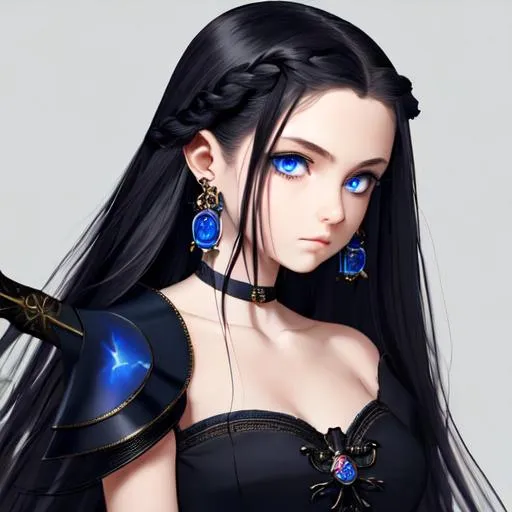 Prompt: An insanely beautiful girl around 12 years old. wearing black skull earrings. holding a sharp dagger in one hand. perfect anatomy, symmetrically perfect face. beautiful deep blue eyes. beautiful long black wavy hair. no extra limbs or hands or fingers or legs or arms. full body view.