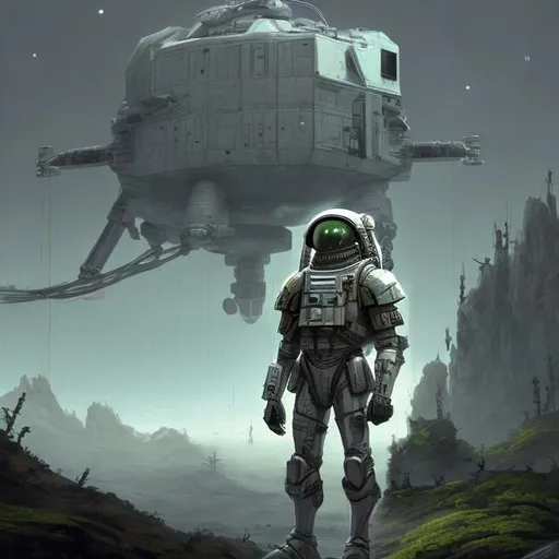 Prompt: Scifi soldier in full armor, standing in front of a spacecraft on a foggy, mountainous, forested, mossy planet.