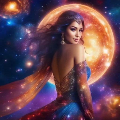 Prompt: exquisite, colorful, sparkly, glowing Goddess in a revealing, filmy, see thu, flowing dress, incredible all body form of a incredible bodied, incredibly beautiful faced woman with a buxom perfect body falling backwards through space, nebulas, stars, planets, the milky way and galaxies