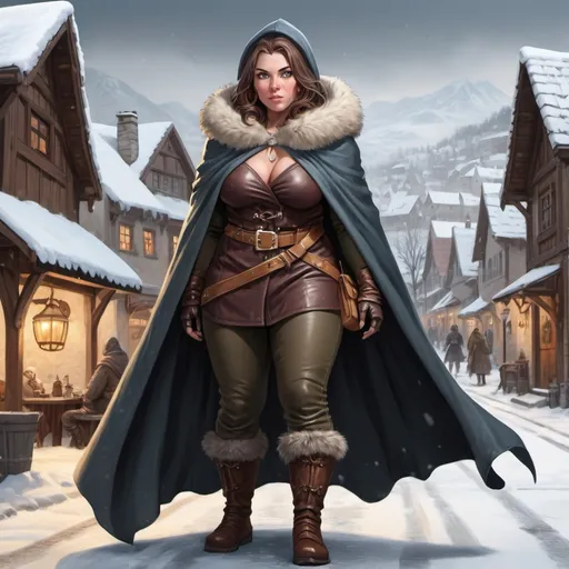 Prompt: Full body, Fantasy illustration of a female thief, middle aged, full figured,  cloak cape,  mischievous expression, high quality, rpg-fantasy, detailed, snow covered wiking town background