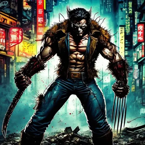 Prompt: Gritty Todd McFarlane style X-men Wolverine. Full body. Gritty, futuristic army-trained villain. Bloody. Hurt. Damaged. Accurate. realistic. evil eyes. Slow exposure. Detailed. Dirty. Dark and gritty. Post-apocalyptic Neo Tokyo .Futuristic. Shadows. Armed. Fanatic. Intense. 