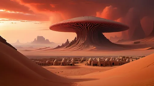 Prompt: ancient farming settlement in foreground, giant tall mushroom orchards, darkest night, ancient tatooine architecture, no trees, no bushes, no grass, no leafy vegetation, rocky desert alien planet setting, rocky mountainous region,  in the style of frank herbert's dune, stormy night sky filled with red clouds, dust haze, red fog, sand storm, highly detailed, photo-realistic, hyper-real