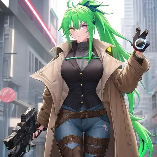 Prompt: She has a long, distinctive neon-green that fades to neon-blue hair in a ponytail, heterochromia eyes, wearing a long brown coat, grey vest, denim pants, black cowboy boots, holding a pistol, wearing a brown sheriff's cowboy hat, 8k, UHD, heavily detailed
