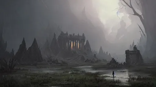 Prompt: fantasy concept art by greg rutkowski, hooded figure in the  foreground looks out over a swampy landscape, pyramidal ominous temple, ominous sky, dense lightning, fog, exegol, rock outcroppings,  gestural oil painting style, backlit, cinematographic morning light, artstation hq, 