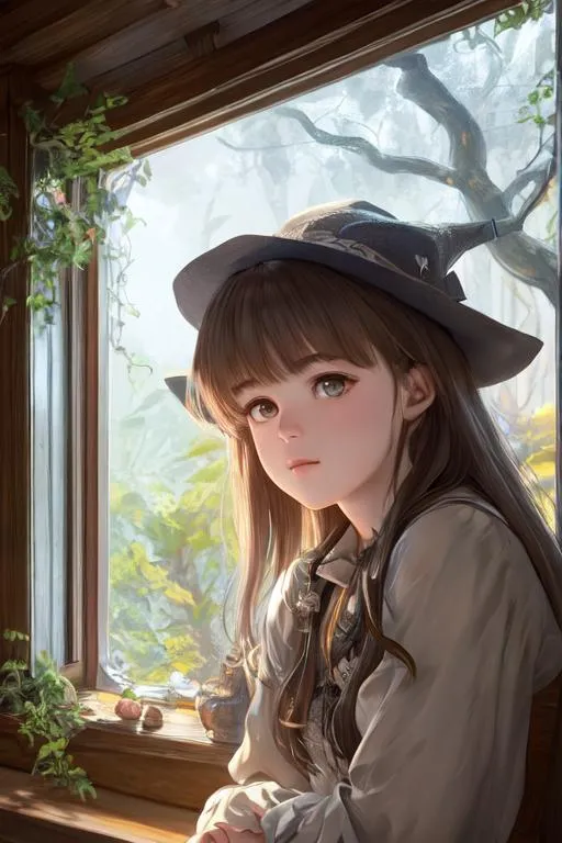 Prompt: close up shot, cinematic shot,

a mythical young witch sitting near window, enjoying afternoon time, cute face, sad, melancholic, ultra detailed tree house interior background, ultra detailed witch grab, detailed face, detailed eyes, innocent, detailed nose, detailed mouth and lip, detailed interior, ultra detailed accessories,

2D illustration, 2D character design, 2D flat color, 2D digital illustration, 2D vector illustration, vibrant color, 

((sunshine, very strong sunlight on face, cinematic lighting, volumetric lighting, iridescent lighting reflection, reflection, beautiful shading, head light, back light, natural light, ray tracing, symmetrical)), (((masterpiece, professional, professional illustration, long hair, beautiful bang, stray hair))),

UDR, HDR, 64k, beautiful, stunning, masterpiece, inspired by atelier series,