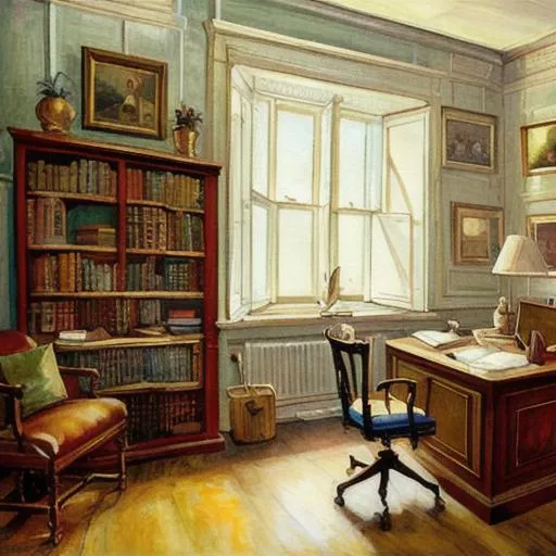 Prompt: A painting of a writer's office 