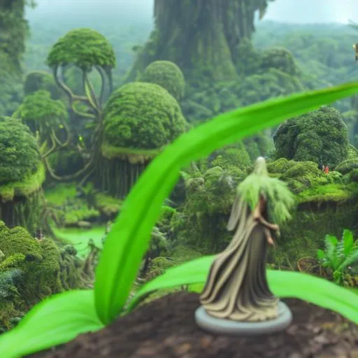 Prompt: 

Description: The lush rainforest, with magical creatures and happy visitors, surrounds a wooden statue of Lily holding a replica of the Heart. The village of Whispering Woods is visible in the distance.