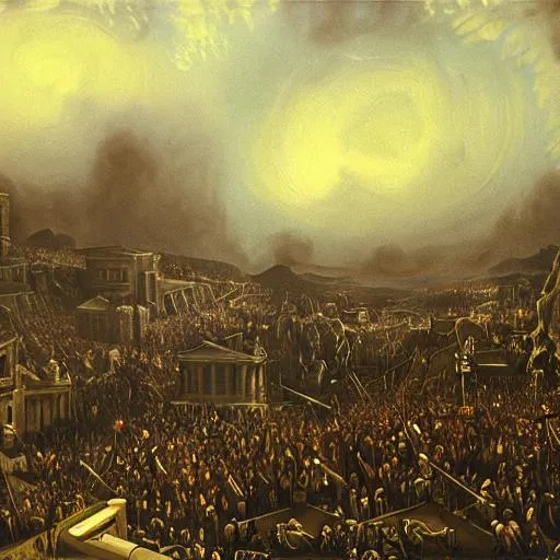 Prompt: John Martin zombie apocalypse painting of a college